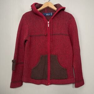Nua Cardigan Fits Size Small Red Merino Wool Hooded Fisherman Sweater Chunky Y2K
